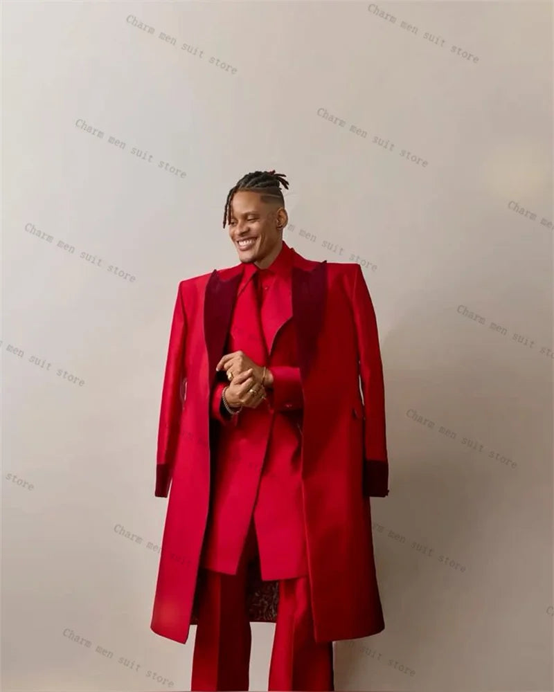 Luxury Crystals Red Men Suits Set 3 Pcs Overcoat+Blazer+Pant Trousers Groom Wedding Tuxedo Formal Office Cotton Prom Jacket Coat