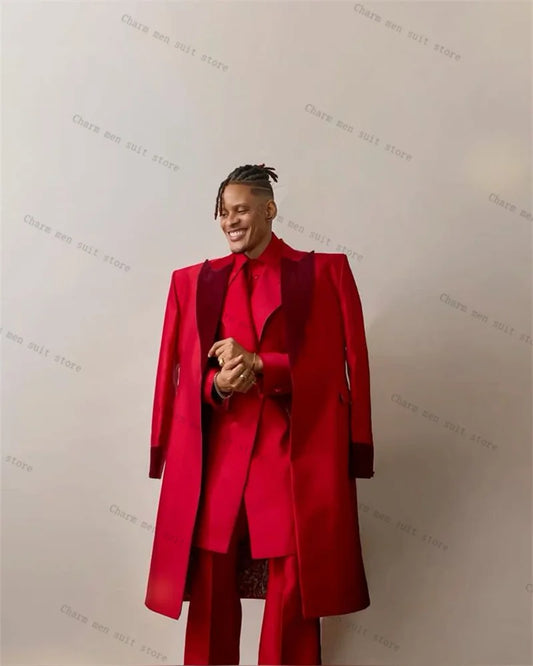 Luxury Crystals Red Men Suits Set 3 Pcs Overcoat+Blazer+Pant Trousers Groom Wedding Tuxedo Formal Office Cotton Prom Jacket Coat