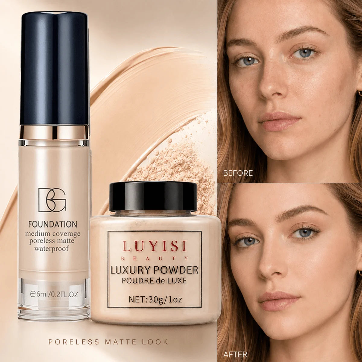 Facial Makeup Set:1pc Matte Loose Powder+1pc Waterproof Fundation,High-Coverage,Long-Lasting,Oil Control,Creat Natural Looks.