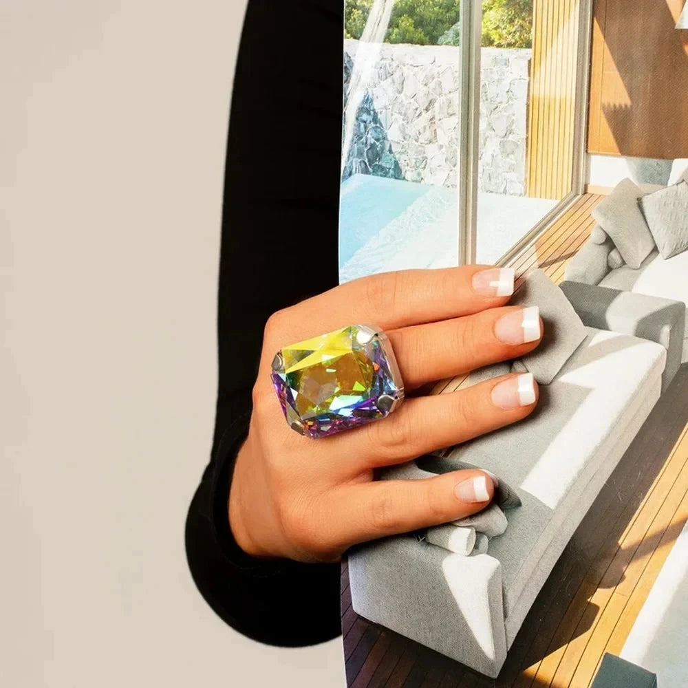 Bague Grand Cristal Rectangle Exagéré | Coloré Champagne | Ajustable Statement | Bijou Femme