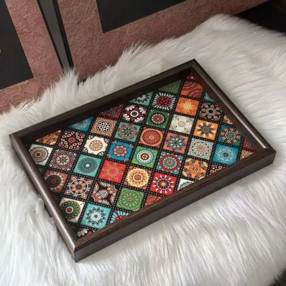 Plateau Bohème en Bois Fait Main 30x20 cm | Mosaïque Colorée | Rangement Bureau & Entrée