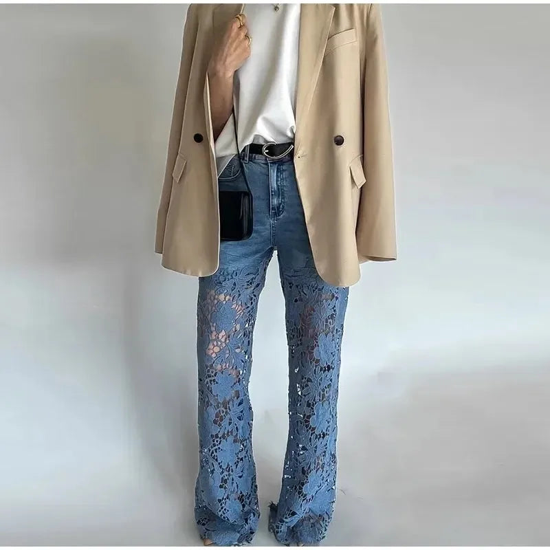 Jean Femme Taille Haute Jambe Large | Dentelle Ajournée Denim | Coton Printemps-Été | Style High Street | XS à XXXL
