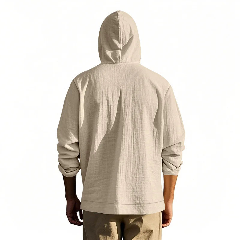 Men's Linen Hoodie Shirt Casual Slim Fit Hooded Long Sleeve Solid Button Down T-shirt Tops New Men Spring Summer Vacation Shirts
