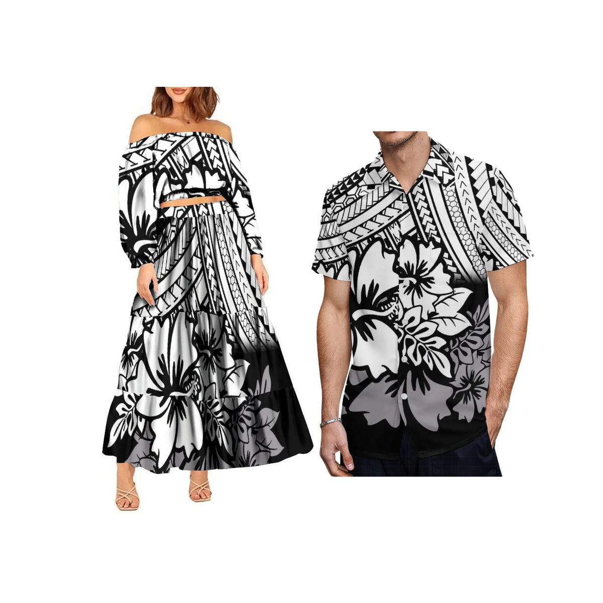 2024 Trendy 2 Piece Set Custom Polynesian Tribal One Shoulder Long Sleeve Crop Top Maxi Skirt Plus Size Women's Sets Dress