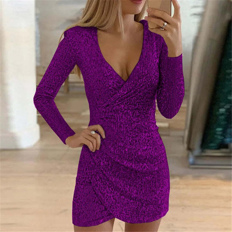 Dresses For Women 2025 Sexy Deep V-Neck Silver Sequin Mini Bodycon Dress Spring Autumn Long Sleeve Party Dress Female