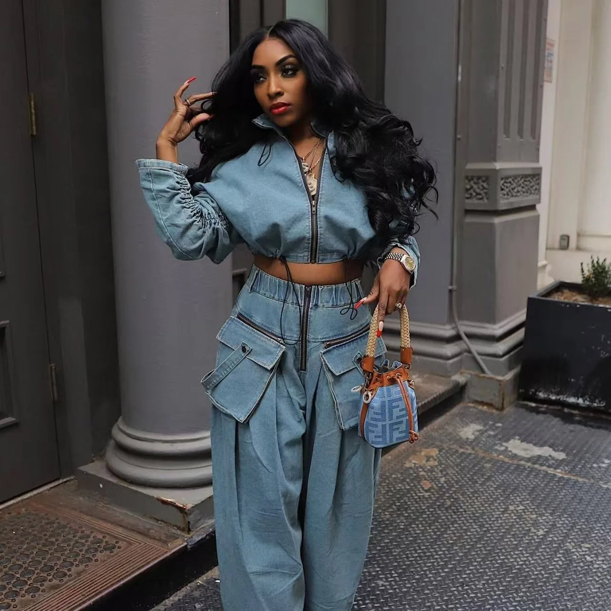 Ensemble Jean 2 Pièces Femme Vintage | Manteau & Pantalon Large Taille Haute | Fermeture Éclair | Streetwear