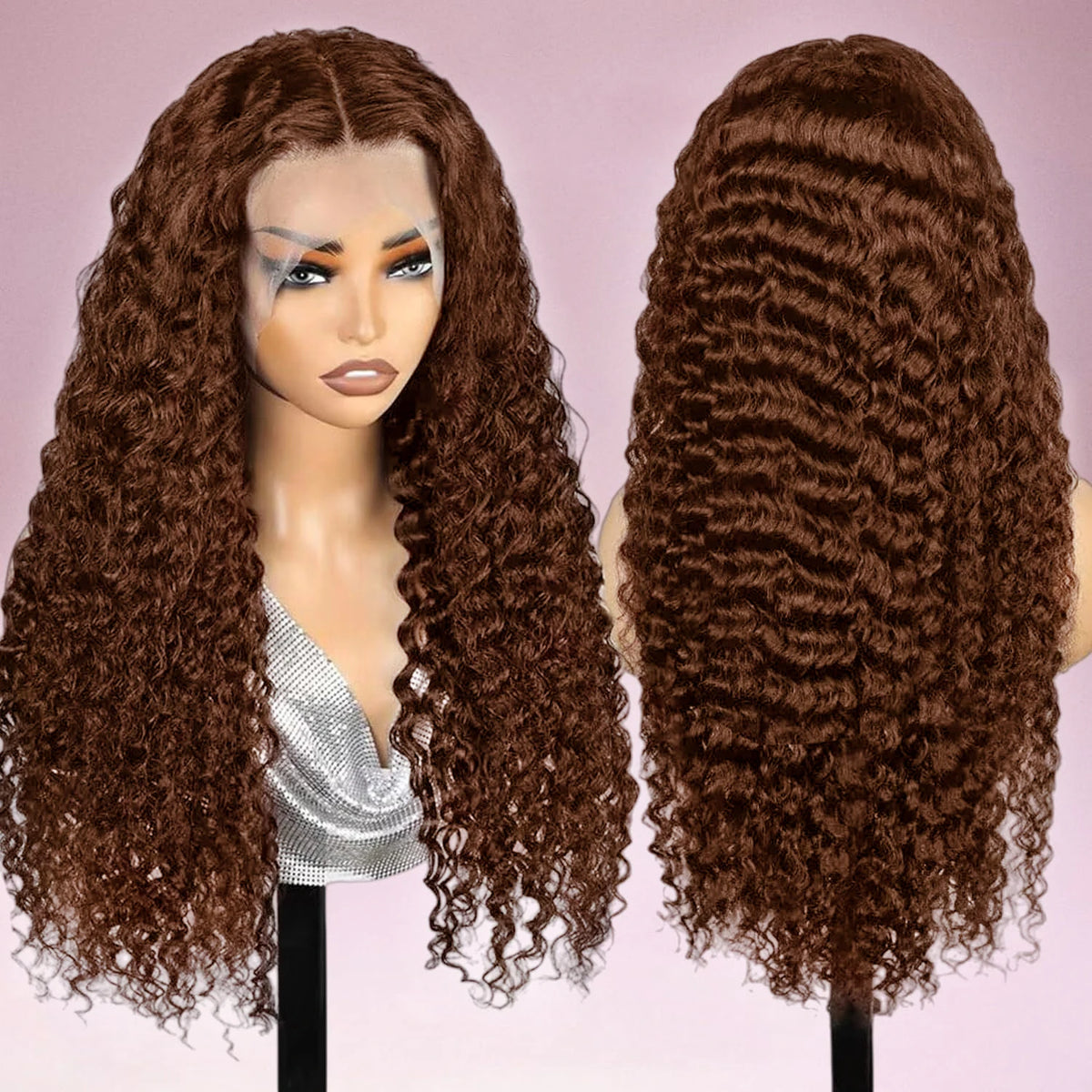 250 Density Chocolate Brown Deep Wave Human Hair Wig 30-38 Inch Transparent Lace Frontal Wigs 13x6 Lace Front Water Curly Wigs