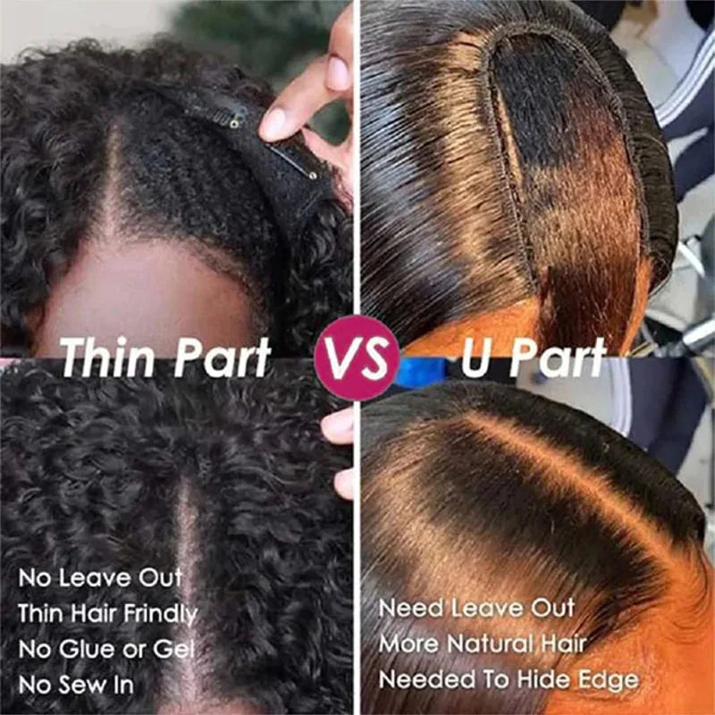 Perruque Kinky Curly U/V Part | Sans Laisse | Sans Colle | Deep Wave | 180% Densité | Cheveux Humains Brésiliens
