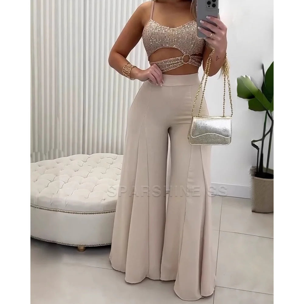 Women's 2-Piece Outfit Slim Fit Wide Leg Pants Spaghetti Strap Top Casual Elegant Summer Spring Matching Set For Party Vacation