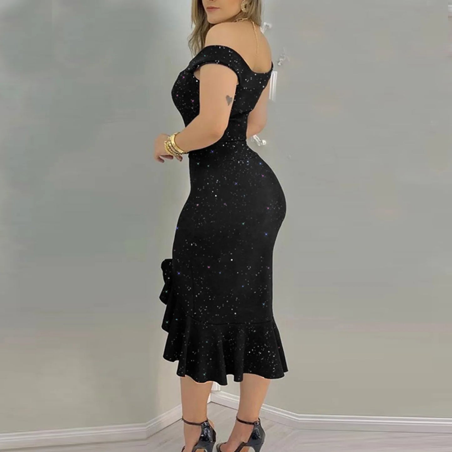 Women's Sexy party dresses Fashion Elegant dress  Off Shoulder Sequin Ruffle Irregular Dresses Masquerade Evening Dress vestidos