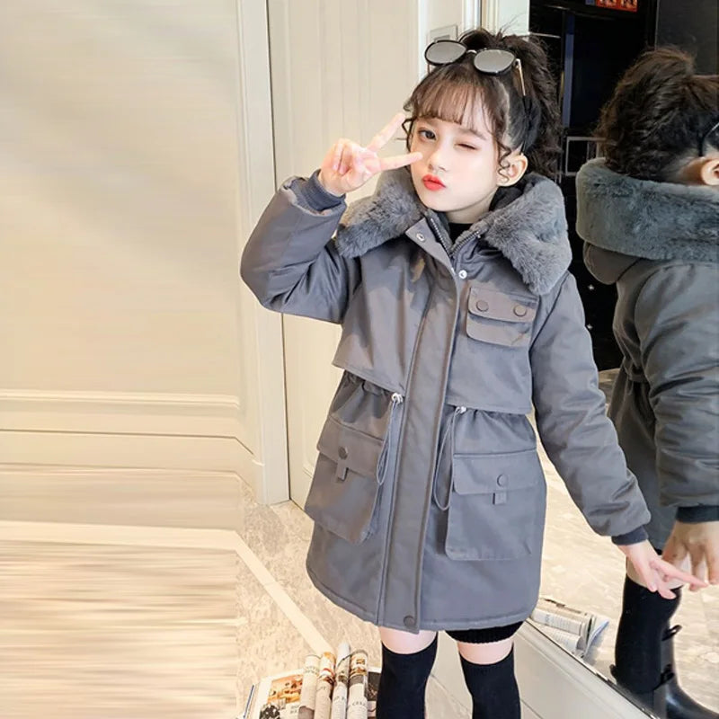Thick Girls' Jackets Plush Velvet Fur Collar Kids' Coats Children's Winter Warm Hooded Outerwear Teenager Fashion Padded Parka