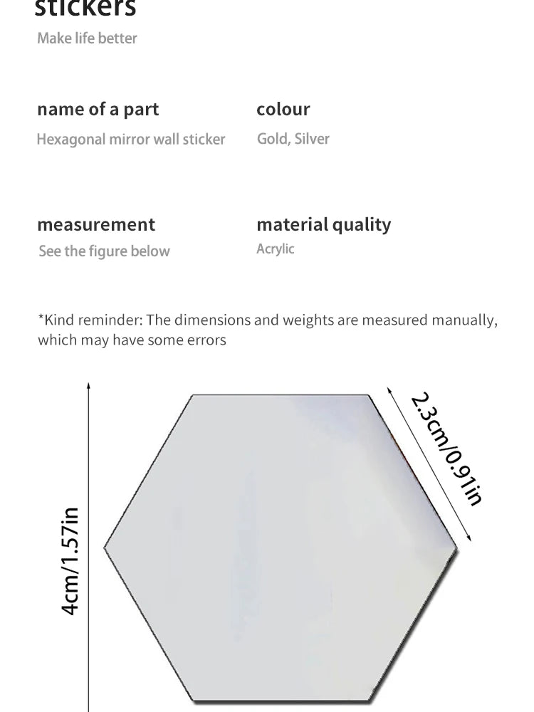 Hexagonal Mirror Wall Decals | Self-Adhesive 3D Acrylic Decorative Mirrors | Creative Wall Decals for Living Rooms and Bedrooms