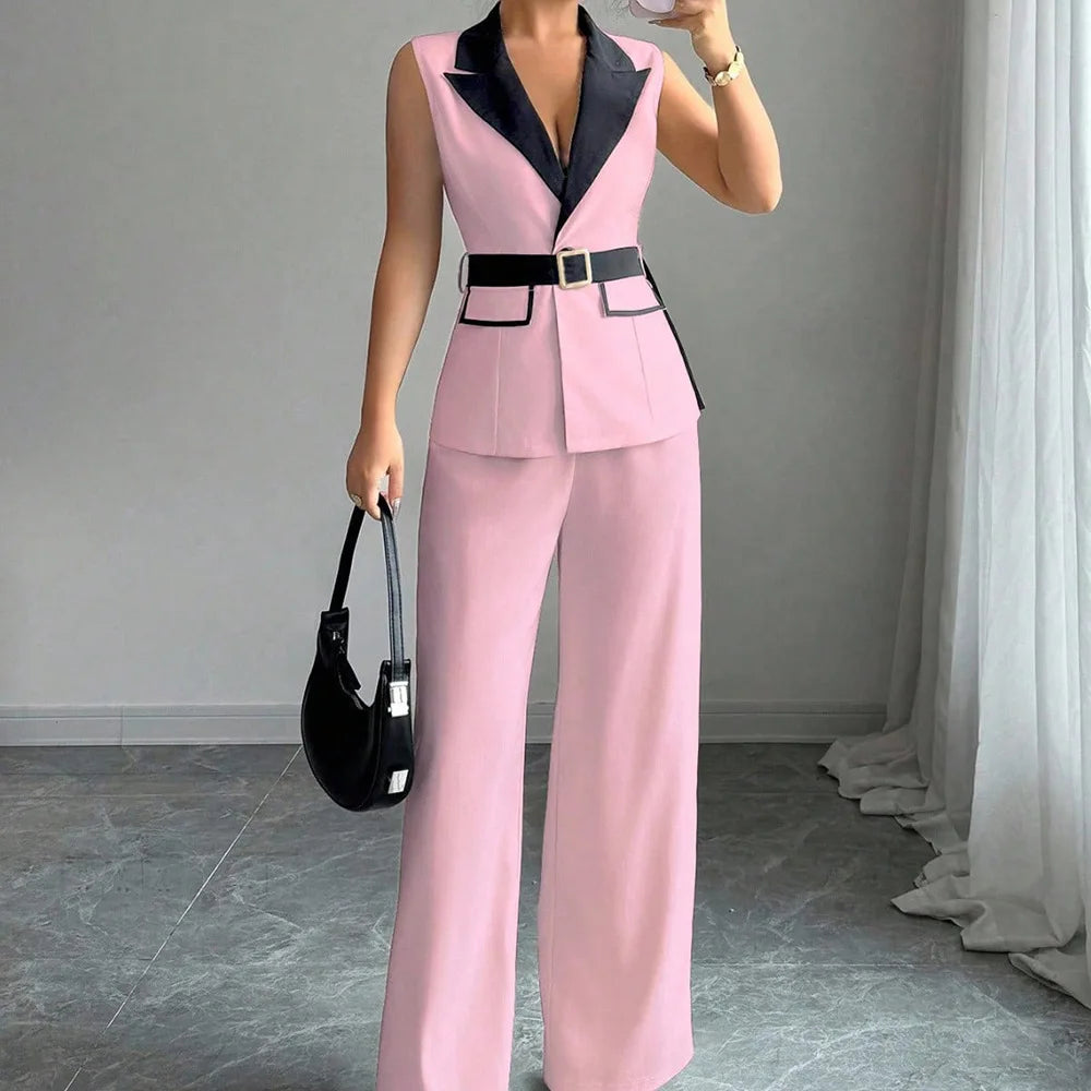 Ensemble gilet blazer sans manches élégant pour femme avec pantalon large et ceinture