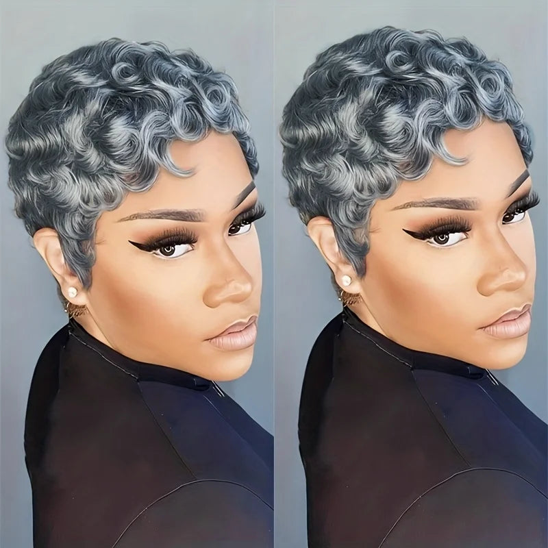 Human Hair Wig 6Inch Natural Grey with Loose Curls 180% Density Machine-Made Wig with Rose Net Cap Comfortable Fit for Daily Wear