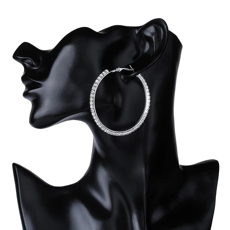 Grandes Boucles Créoles 30-80mm | Cristal Strass Cercle | Noir Or Argent | Femme Fille | Fête Cadeau
