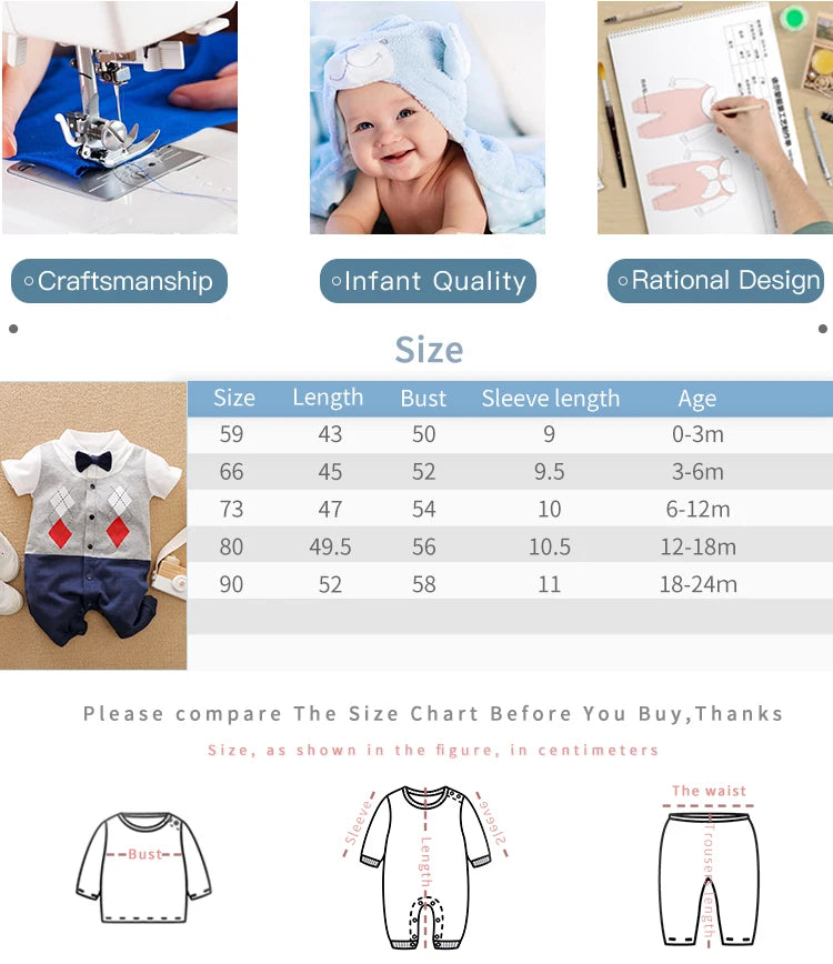 0-18 Baby Bodysuit Gentleman Style Handsome Formal Cotton Comfortable Soft Boys And Girls Summer Short-Sleeved Newborn Clothes