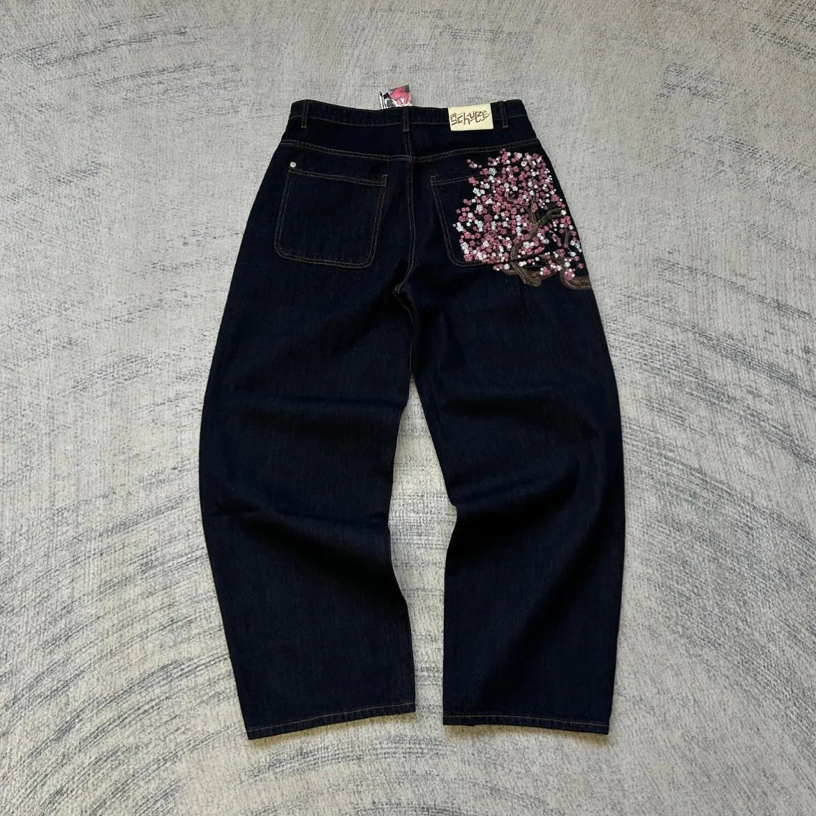 Jean Taille Basse Hip Hop | Fleurs Cerisier Brodé | Jambe Large Unisexe | Y2K Vintage Baggy