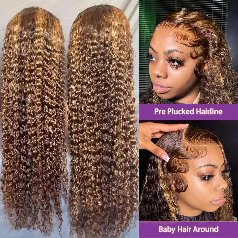 Perruque Deep Water Wave Highlight | Coloris 4/27 Miel Brun Ombré | 13x4 HD Lace Frontal | Cheveux Humains | Femme