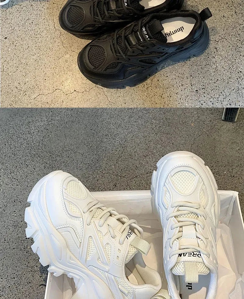 2024 New Summer Black Chunky Casual Sneakers Women New Fashion Platform Sport Shoes Mesh Leather Platform Shoes