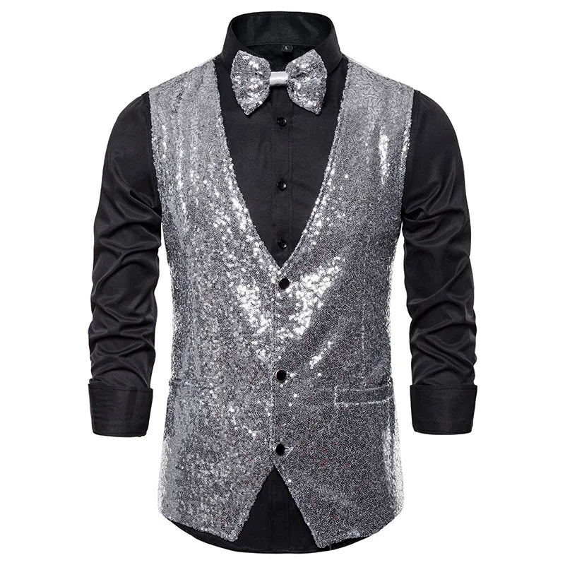 Luxury Vest for Men V-neck Slim Sparkling Tailcoat Solid Plain Waistcoat Bowtie Set Wedding Party Formal Sleeveless Jacket