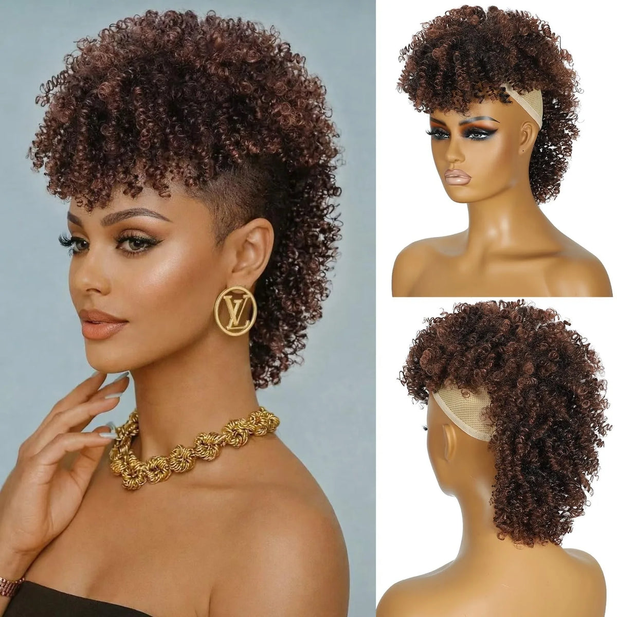 Perruques synthétiques : queue de cheval bouclée africaine avec frange, extensions de cheveux courtes bouclées en queue de cheval Mohawk, trame de cheveux bouclés