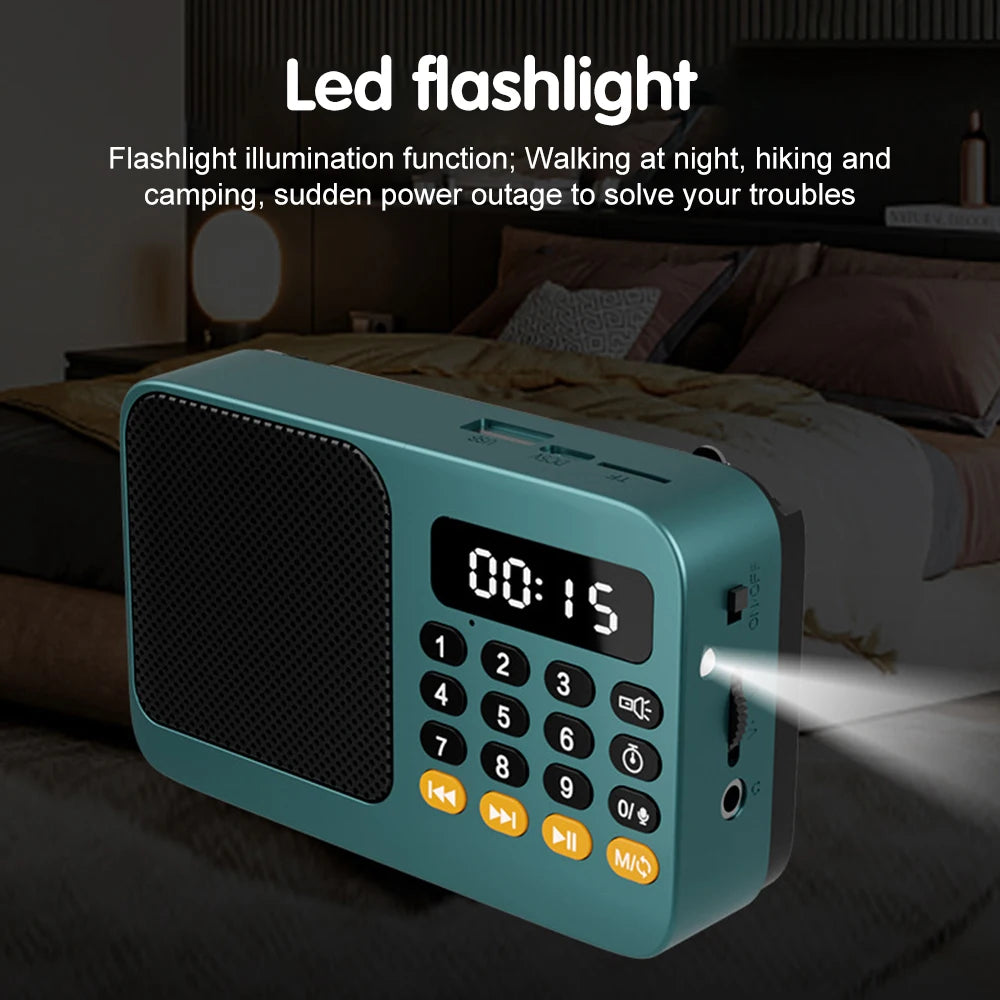 Portable FM Radio with Flashlight Rechargeable Radio TF Card/U Disk Bluetooth 5.0 MP3 Music Player Wireless Speaker