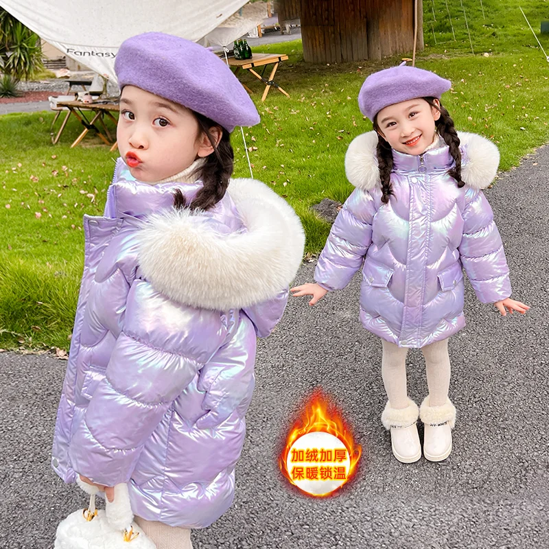 Doudoune Longue Fille Licorne | Imperméable Brillante | Col Fourrure Capuche | Parka Enfant Hiver