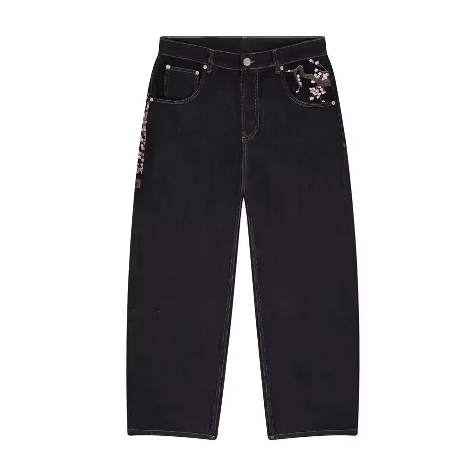 Jean Taille Basse Hip Hop | Fleurs Cerisier Brodé | Jambe Large Unisexe | Y2K Vintage Baggy