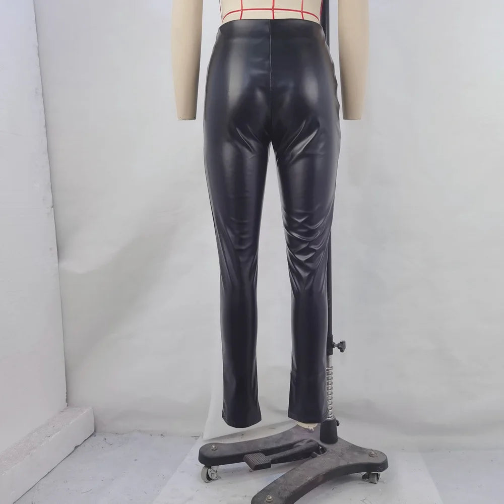 Women High Cut Fashion PU Leather Pencil Pants 2024 American And European Sexy Zipper Fly Legging Lady Slim Faux Leather Outfits