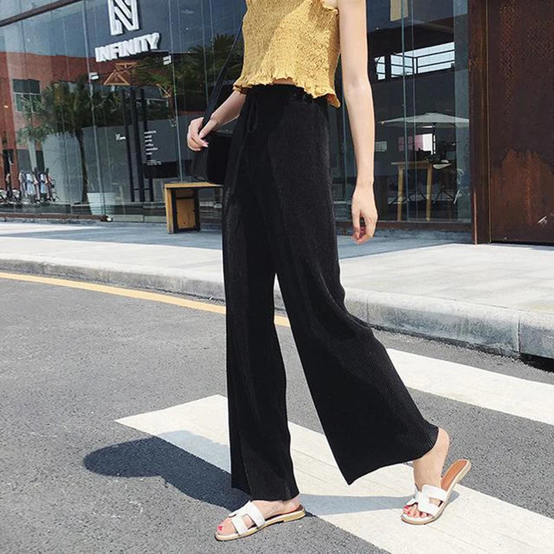 Pantalon Large Plissé Soie Glacée Femme | Taille Élastique Ample | Casual Été Mode