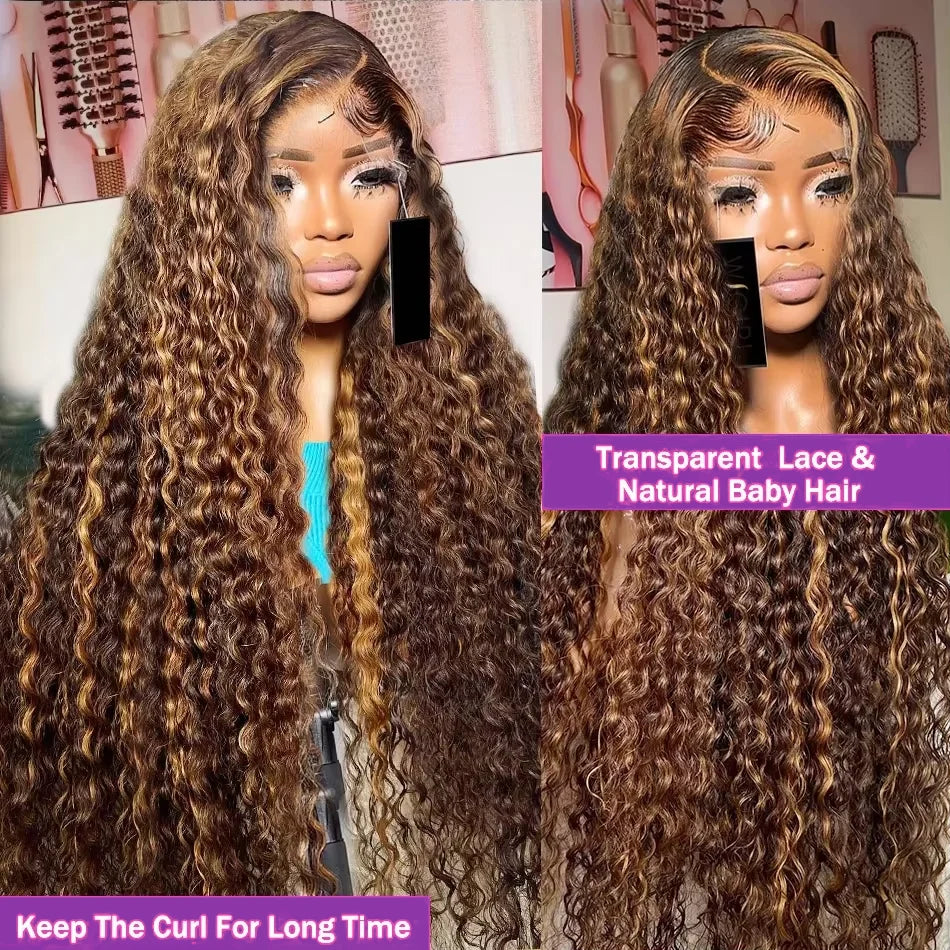 Perruque Deep Water Wave Highlight | Coloris 4/27 Miel Brun Ombré | 13x4 HD Lace Frontal | Cheveux Humains | Femme