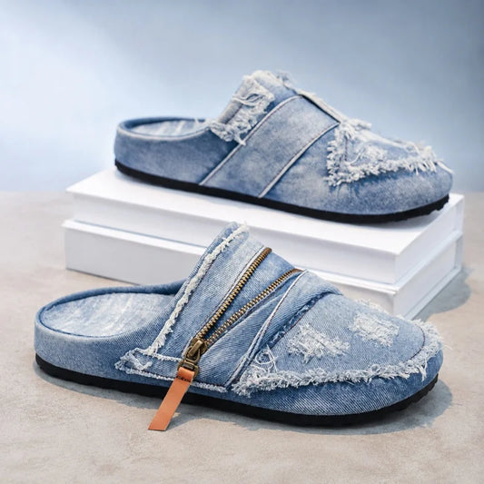 2026 Summer Men's Trendy Denim Blue Canvas Shoes, Large Size 47, All-match Casual Slip-On Street Footwear