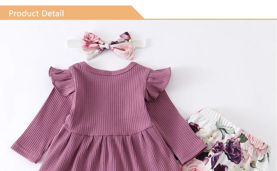 Newborn Baby Girl Clothes Set Solid Knitting Long Sleeve Tops Floral Print Pants Headband 3Pcs Outfits Casual Infant Clothing