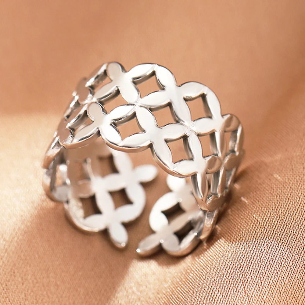 Bague Acier Inoxydable Vintage Ajourée Réglable | Luxe Léger | Statement Élégant | Bijou Femme
