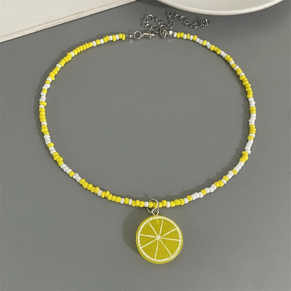 Collier Pendentif Fruits Fait Main | Perles Riz Bohème | Choker Pastèque Citron Fraise | Bijou Fille Femme