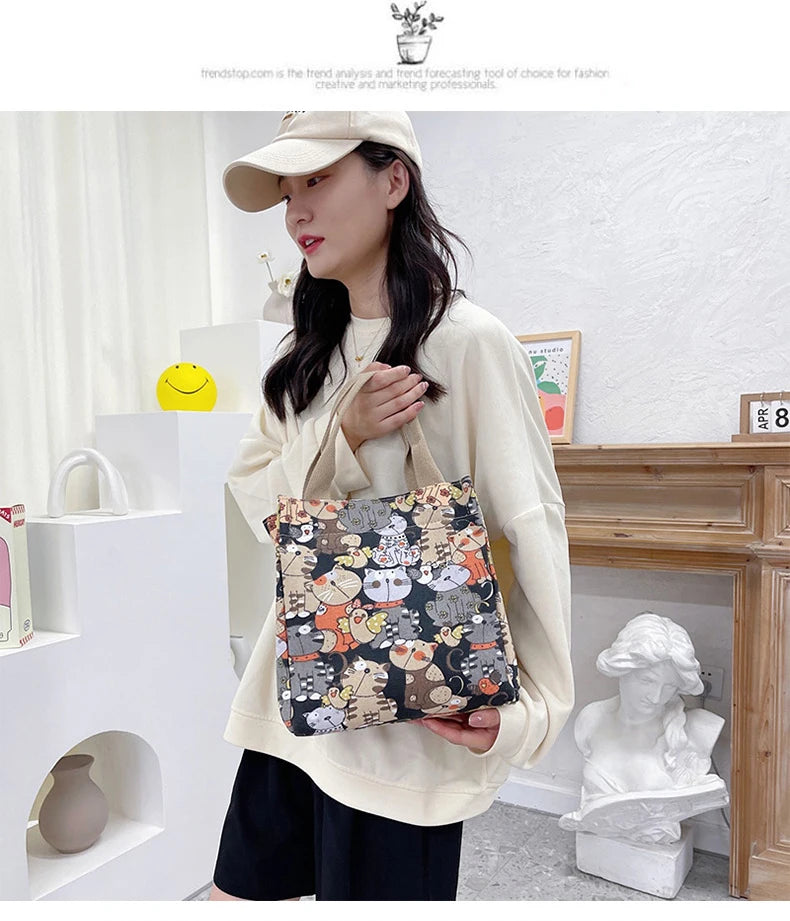 Fashionable Top-Handle Bag with Cute Cat Pattern, Portable Mommy Bag for Women