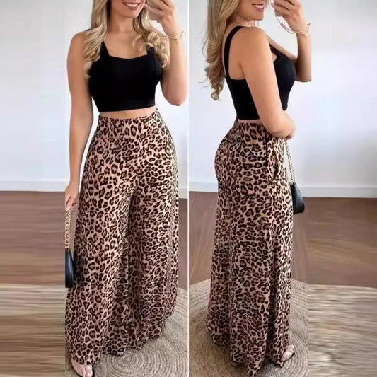 Women Two-Piece Outfits 2024 Summer Fashion Square Neck Sleeveless Crop Tank Top & Leopard Print Pocket Wide Leg Pants Set