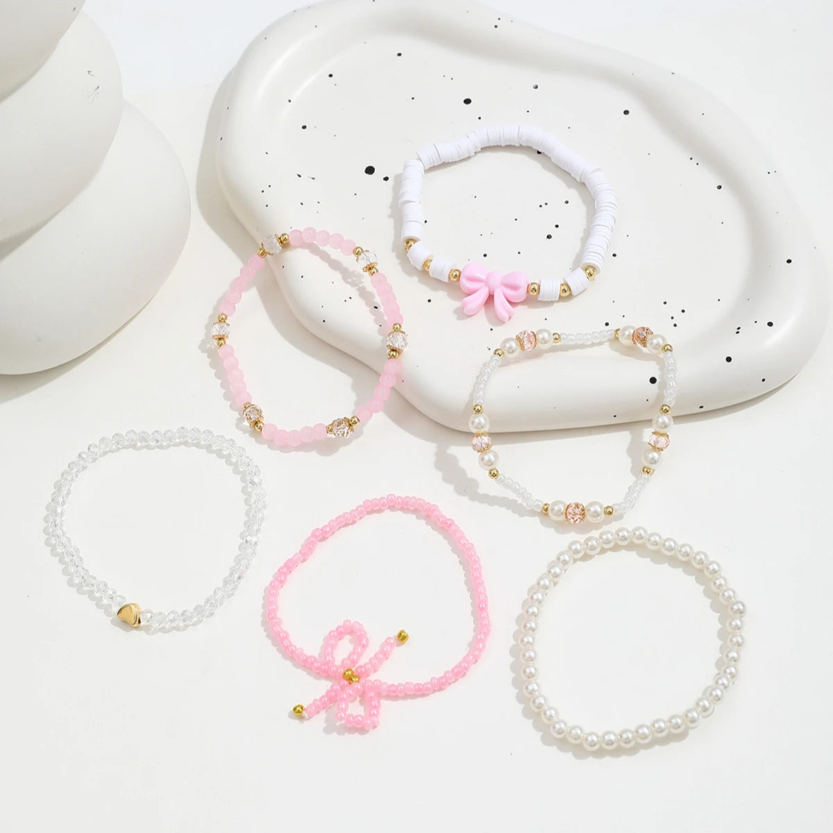 Lot 6 Bracelets Perles Nœud Papillon | Style Européen & Américain | Mignon & Doux | Cadeau Bijou Femme