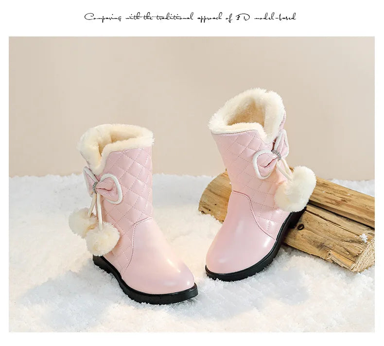 2025 Winter New Fashion Children Princess Boots Waterproof Girls Warm Boots with Bow Kids Snow Boots with Fur Plush