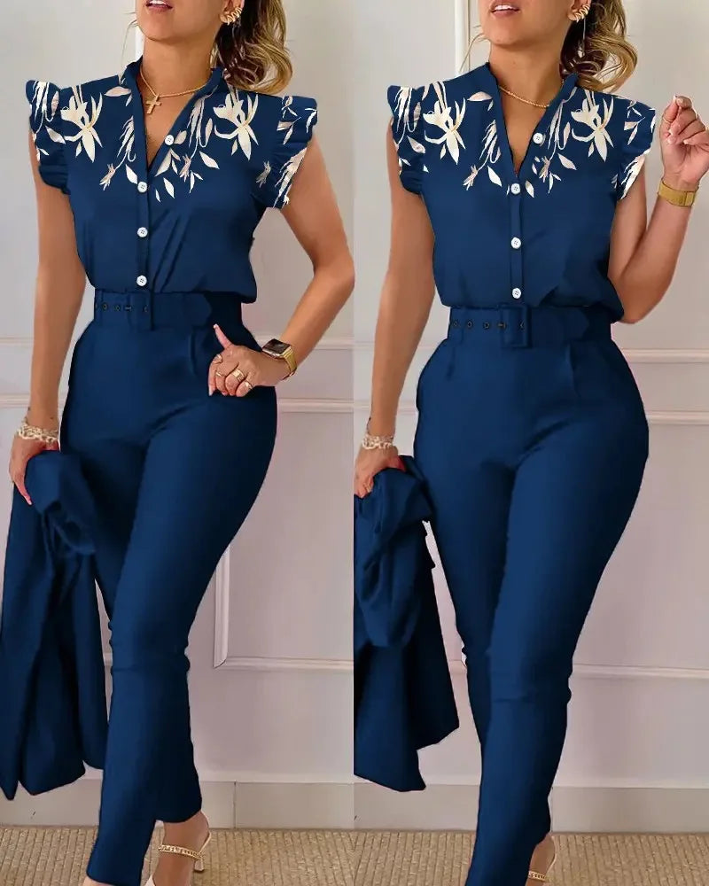 Women's Elegant Slim Two-Piece Sets Summer Fashion Print V Neck Button Flying Sleeve Shirt Top & Solid Long Pants Suits With Belt