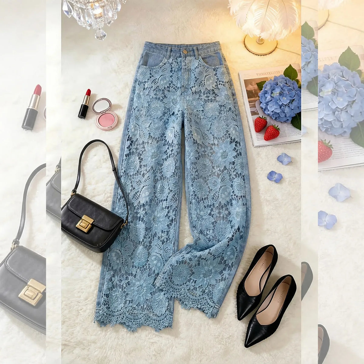 High Waist Wide Leg Pants Lace Splicing Hollow out Loose Fit Straight Cut Jeans Women's Spring Fashion Casual Trousers