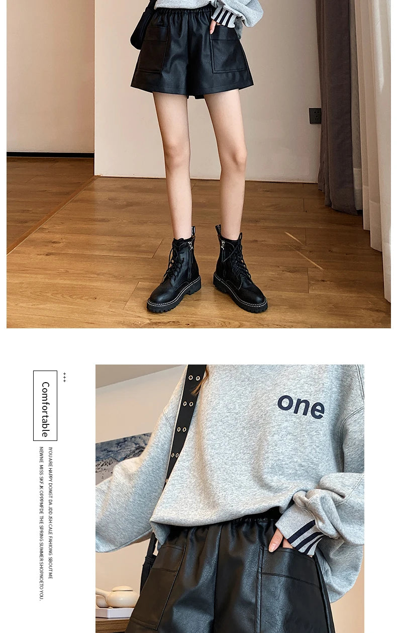 Short PU Taille Haute Femme | Casual Large | Pantalon Automne-Hiver | Grande Taille Bootcut