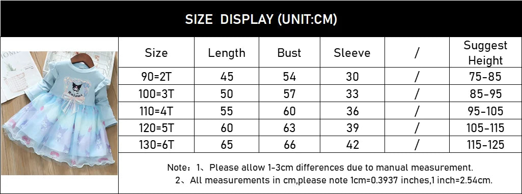 Fashion Girls Dress Spring Autumn Mesh Cartoon Kuromi Long Sleeve Princess Dresses for 2-6 Years Kids Birthday Party Costume