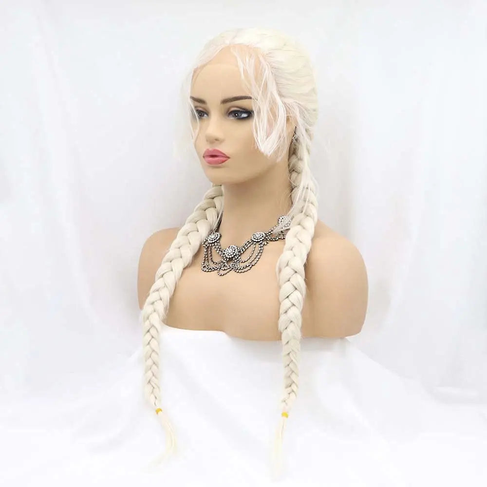 Sylvia Wigs60#Platinum Blonde Double Braid Synthetic Blonde Lace Front Braid Wigs Heat Resistant Fiber Braid