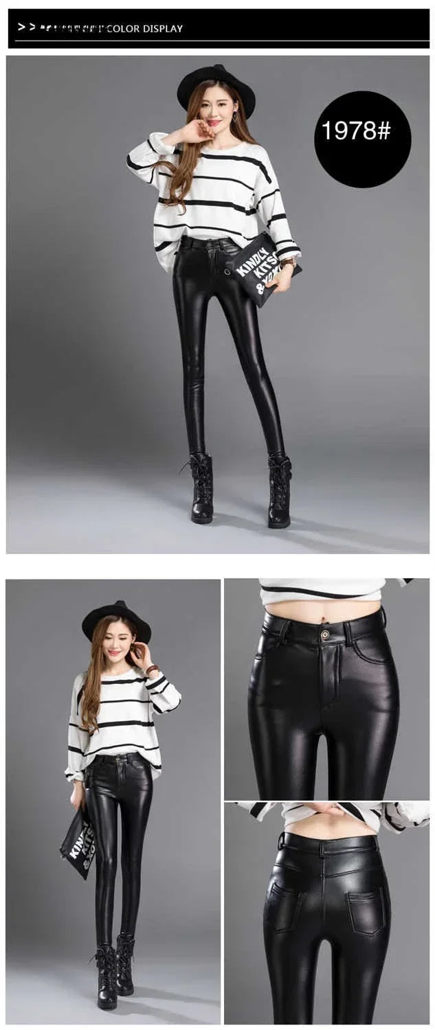 Pantalon Femme Cuir PU Cachemire | Taille Haute Slim Chaud | Polaire Intérieure | Automne-Hiver 2024 | Noir | S à XXXL