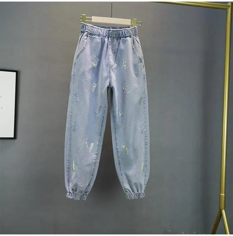 High-Waisted Jeans For Summer 2026 New Loose Elastic Waist Hot-Pressed Diamond Pants Women's Casual Denim Trousers