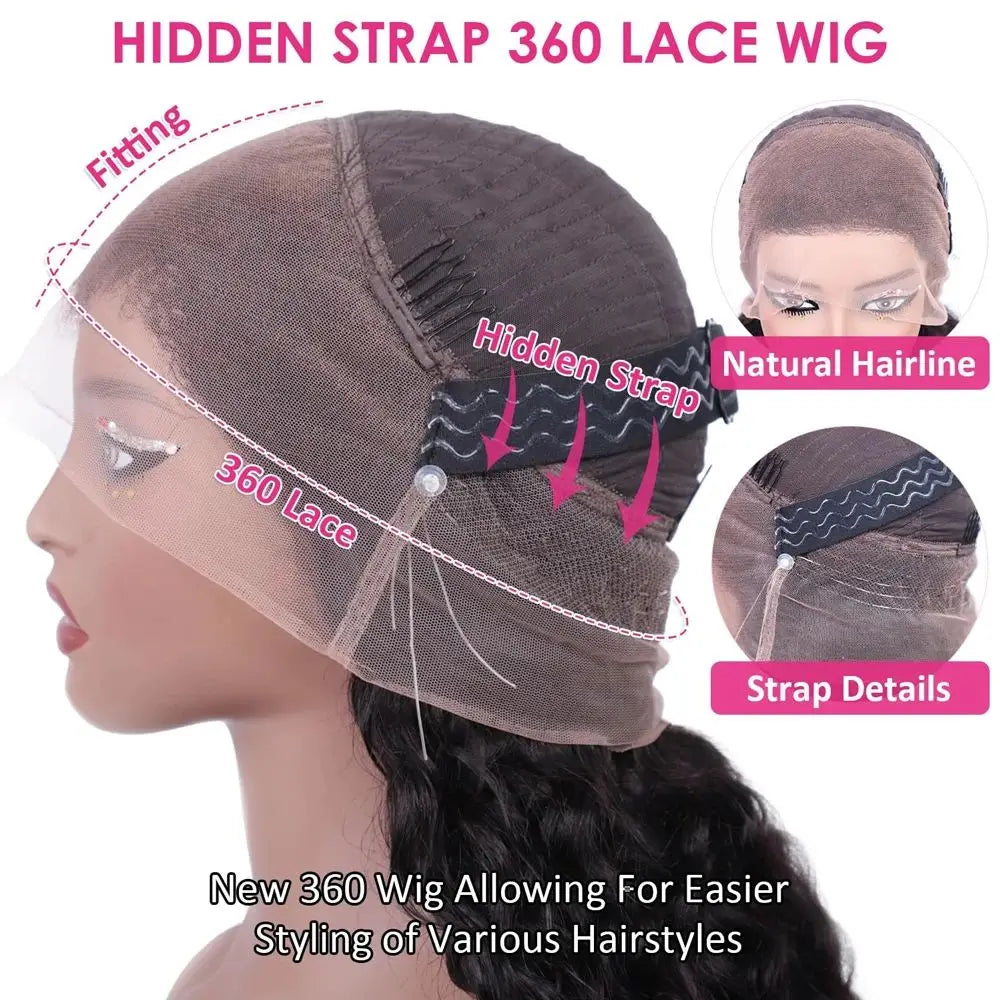 No Glue Upgrade 30 inch 250% HD 360 Lace Front Kinky Curly Wig Drawstring Lace Black Human Hair Water 360 Full Glueless Wigs