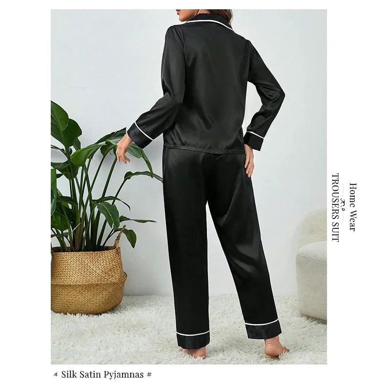 Plus Size Pajamas Women Fall and Winter Ice Silk Long Sleeve Two Piece Set Loungewear Nightwear Ladies Solid Color Sleepwear