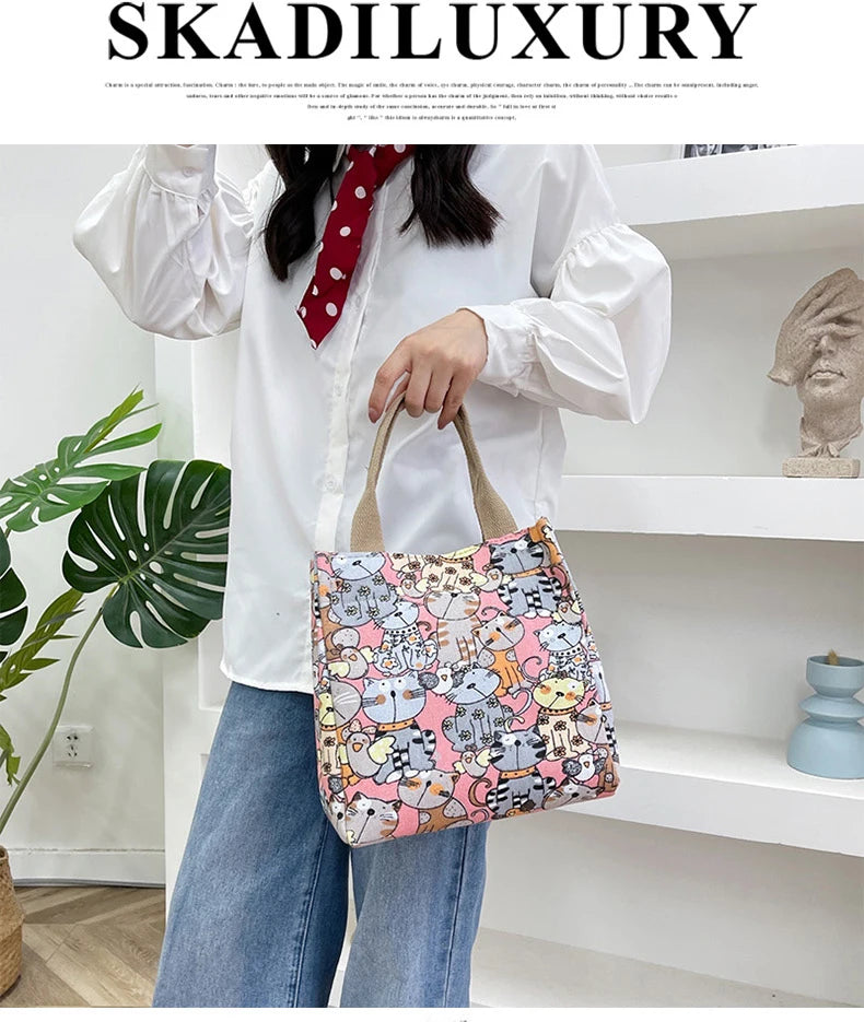 Fashionable Top-Handle Bag with Cute Cat Pattern, Portable Mommy Bag for Women