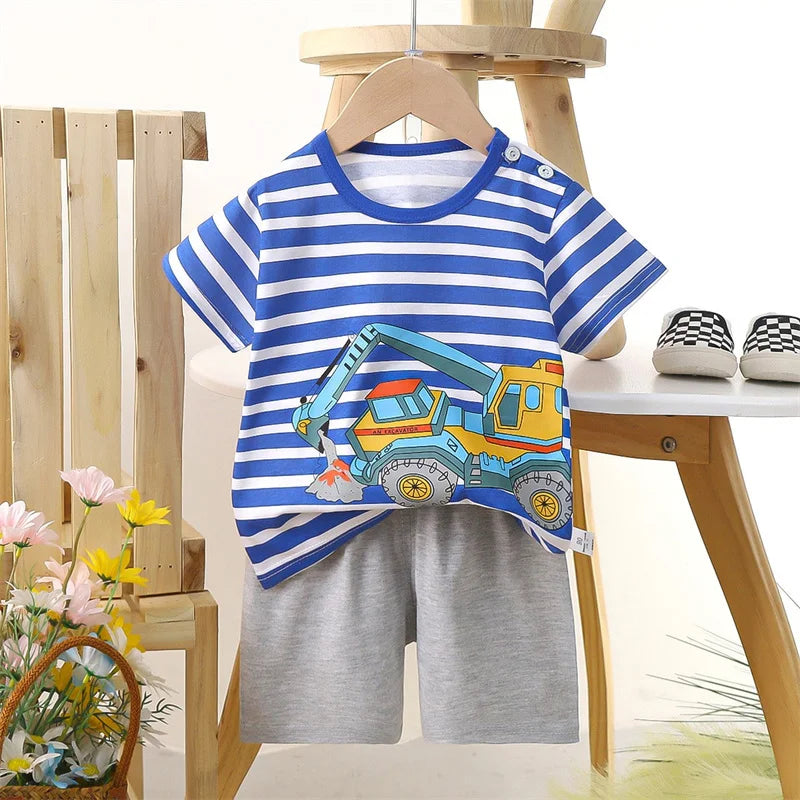 Pyjama 2 Pièces Enfant Coton | T-Shirt & Short Été | Cartoon Ours & Dinosaure | 1-4 Ans